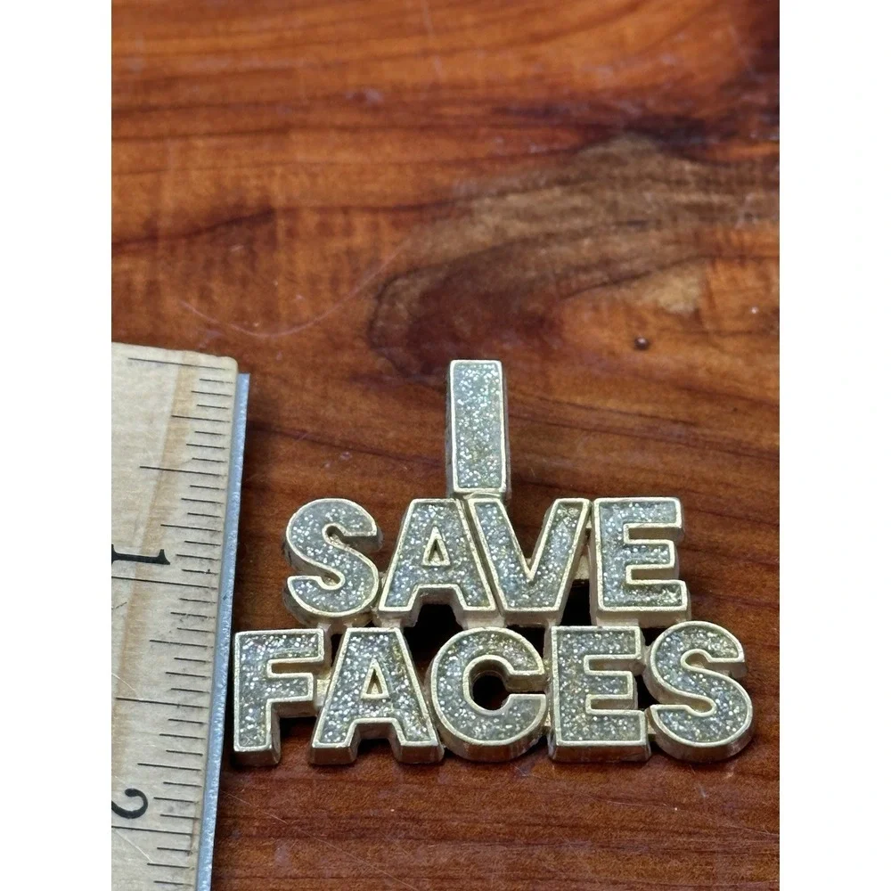 I Save‎ Faces Pin Brooch Gold Tone Jeweled Sparkly Vintage